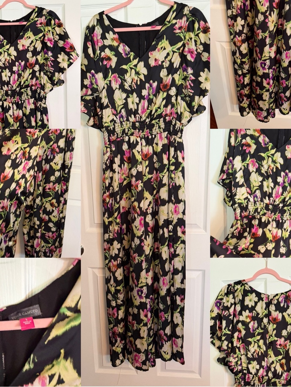 Vince Camuto Black Floral Jumpsuit with Pink & Cream Flowers